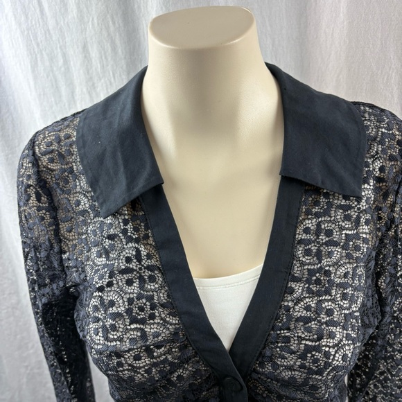Maeve Anthropologie Sheer Open Lace Button Up Black Collared Shirt Top M NWT - Picture 10 of 14